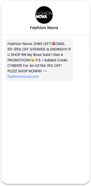 Fashion Nova Cyber Monday Text Messsage