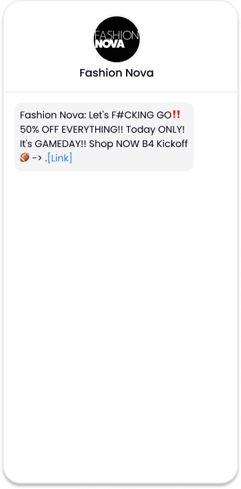 A text from Fashion Nova on Super Bowl Sunday