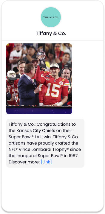 A text from Tiffany & Co featuring the Patrick Mahomes holding the Vince Lombardi trophy