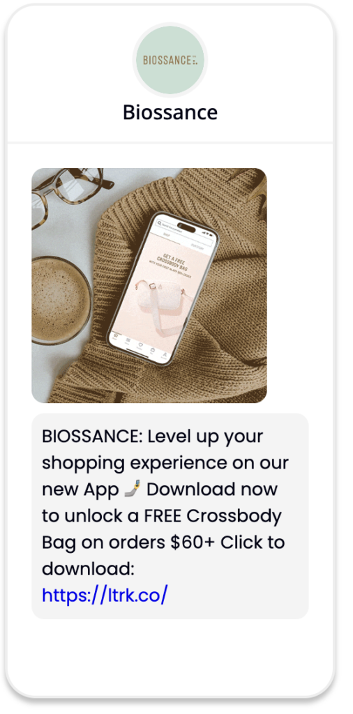 A text message sent by Biossance to encourage app downloads