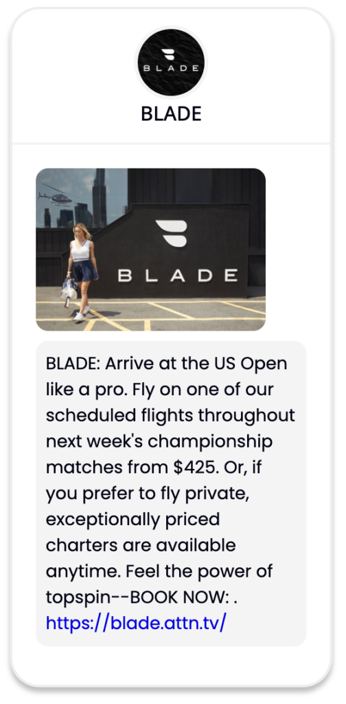 An image of a text message sent by Blade, advertising their helicopter service for the US Open