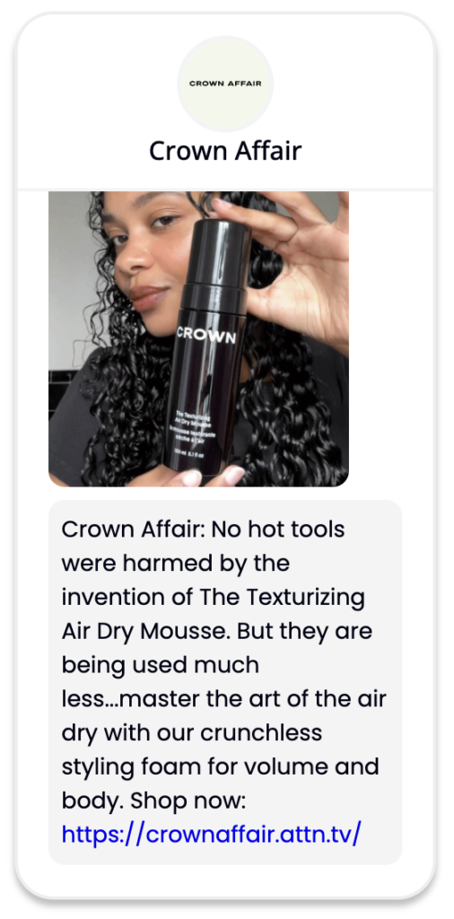 An image of a text message sent by Crown Affair, advertising their Texturizing Air Dry Mousse