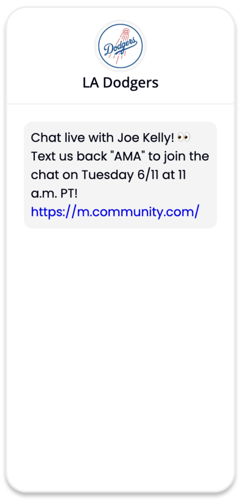 A text message sent by the LA Dodgers inviting fans to chat with Joe Kelly