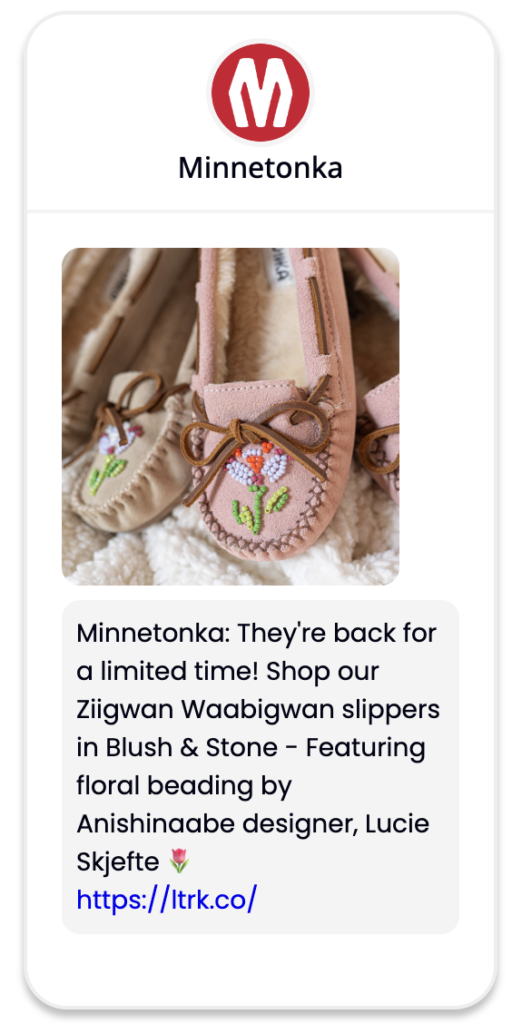 A text message sent by Minnetonka promoting a slipper designed by Lucie Skjefte