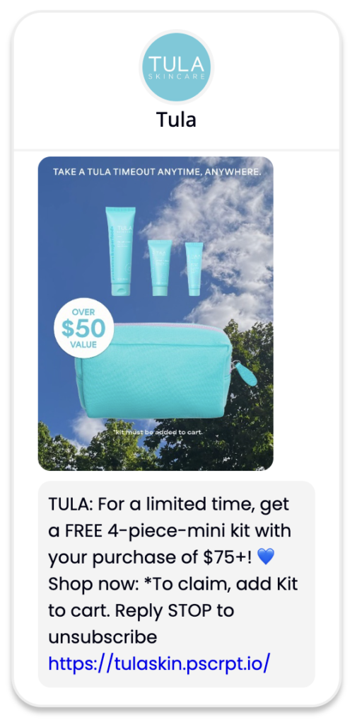 A text message sent by Tula, advertising a free gift with purchase offer from August 2024